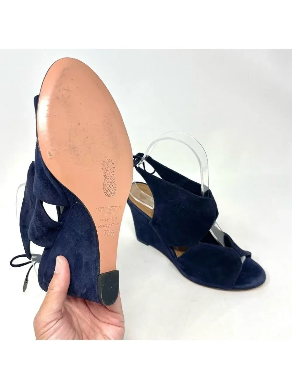 * Aquazzura Iman Blue Suede Cutout Wedge Sandals Size 37.5